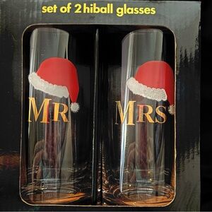 NWT Highball Christmas Themed Glasses Set With Santa Hats And Mr And Mrs Graphic